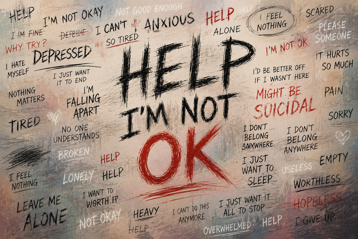 A raw, textured wall covered in handwritten phrases. In the center, large: HELP I'M NOT OK. Around it, smaller phrases like depressed, anxious, falling apart, alone, and worthless.